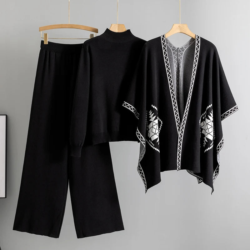 3-Piece Knit Co-ord Set with Mock-Neck Top and Cape – Available in Claret, Black, Brown, Blue, Tan & Beige