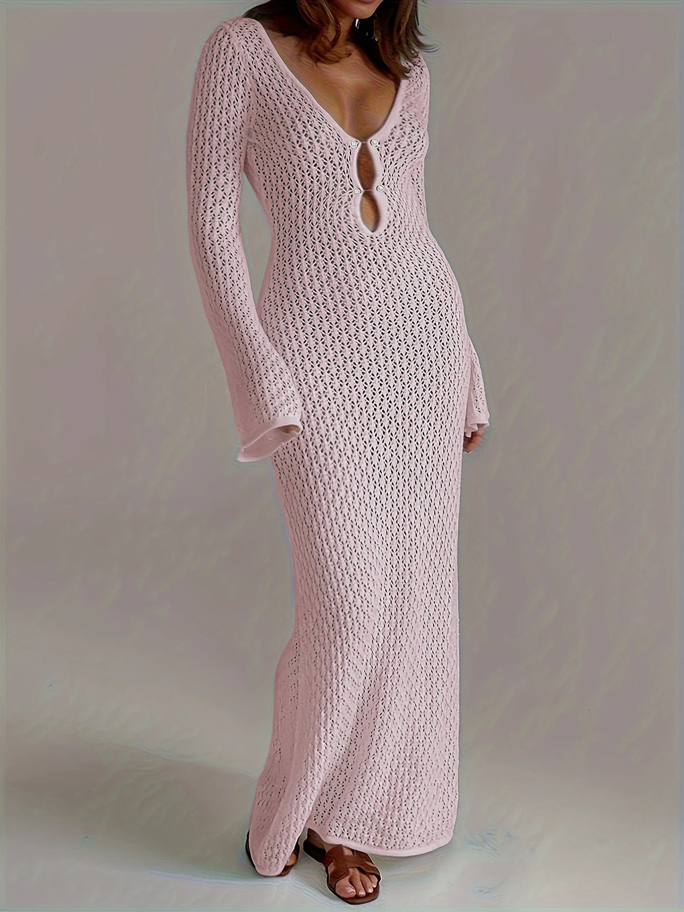 Serenah Crochet Knit Beach Dress – Long Sleeve V-Neck Holiday Cover Up Maxi Dress for Women