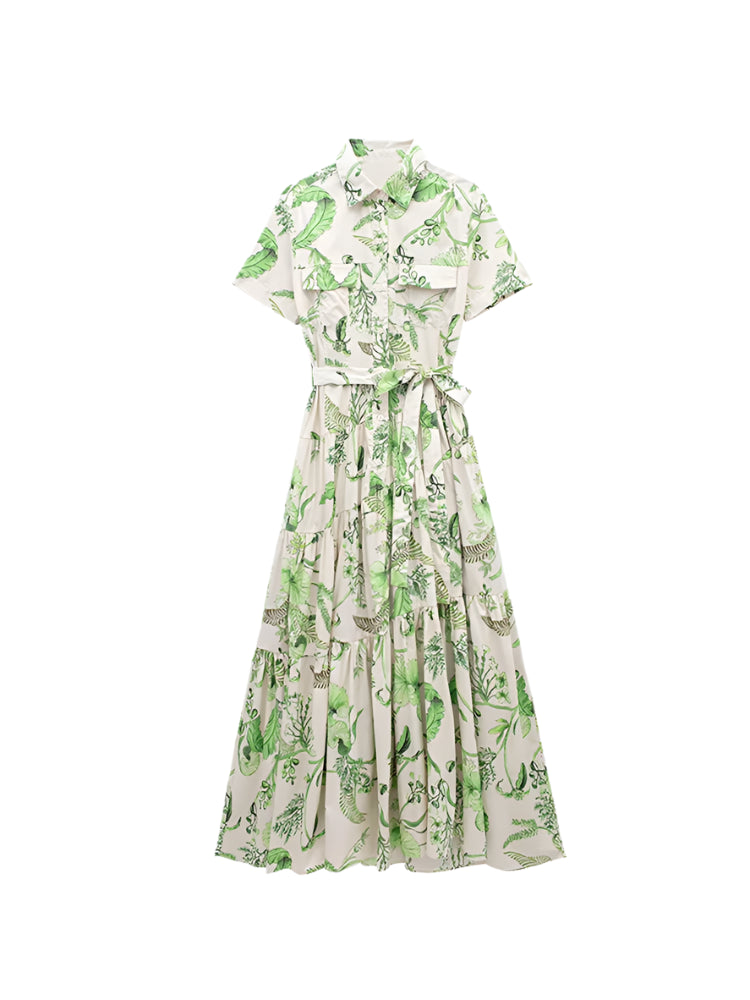 Botanique Belted Shirt Dress – Short Sleeve Button-Down Tiered Maxi with Leaf Print