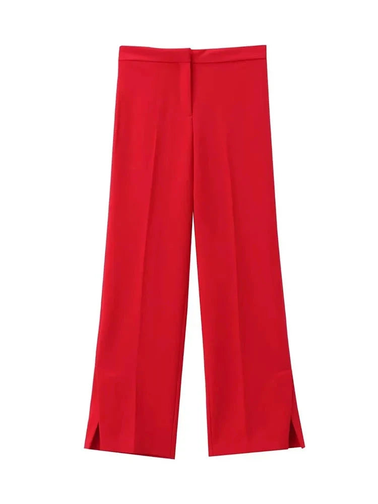 Stylish Red Two-Piece Trouser Suit with Sleeveless Blazer and Wide-Leg Trousers