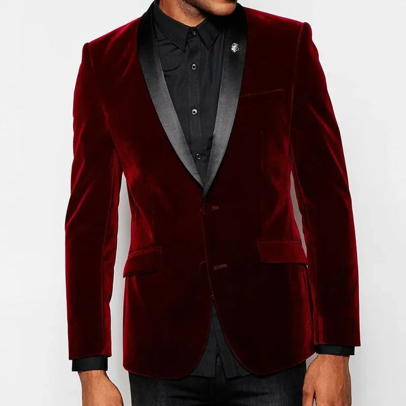 Burgundy Velvet Blazer for Men – Slim Fit Tuxedo Style Dinner Jacket with Black Satin Lapel