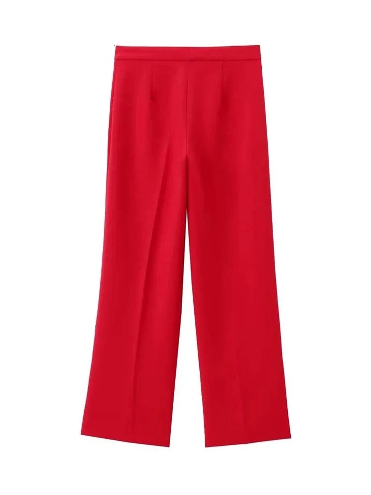 Stylish Red Two-Piece Trouser Suit with Sleeveless Blazer and Wide-Leg Trousers
