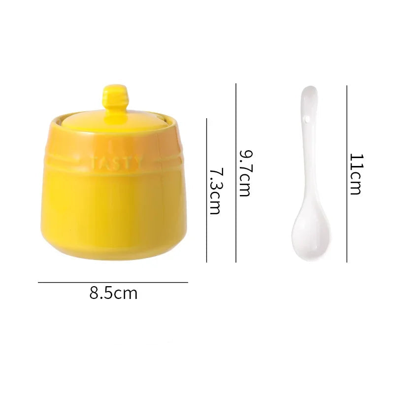 Ceramic Sugar/ Spice Bowl with Lid & Spoon – 1 Piece Colourful Kitchen Condiment Jar for Sugar, Salt & Spices