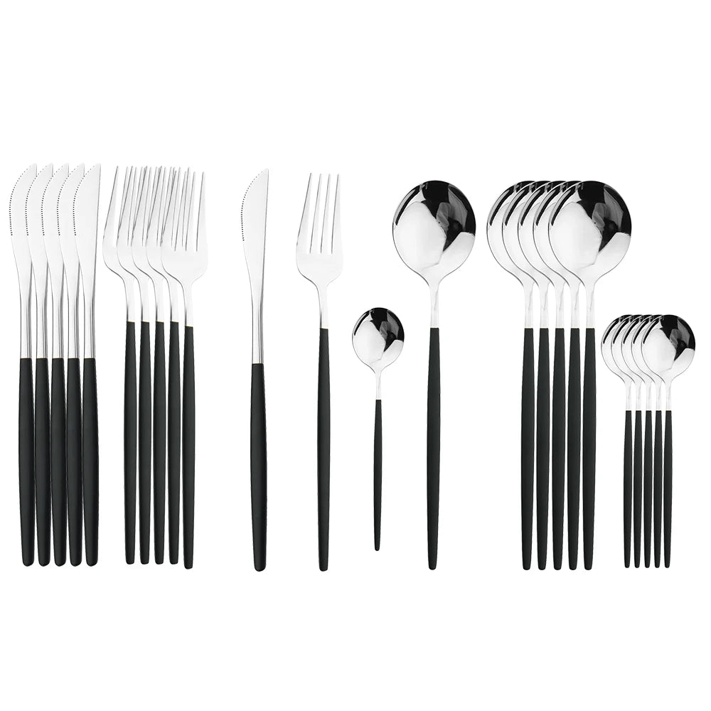 24-Piece Stainless Steel Cutlery Set – Luxury Knife, Fork, Spoon & Teaspoon Flatware Set with Gift Box – Black, Gold, Silver & Mixed Colours