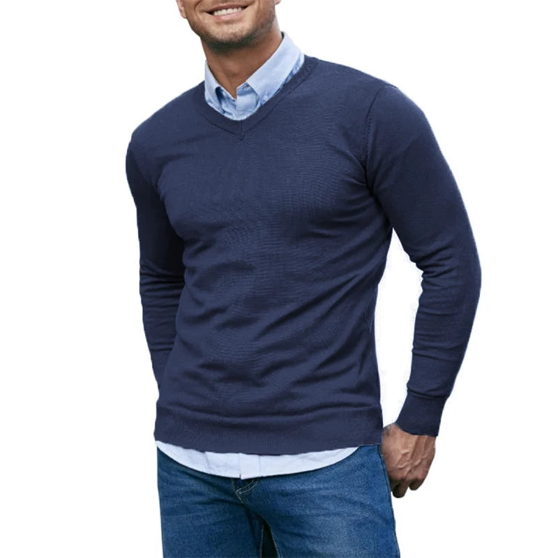 Men’s Slim Fit V-Neck Jumper – Lightweight Long Sleeve Knit Sweater for Autumn & Winter in Navy, Wine Red, Beige, Brown, Black, White, Grey