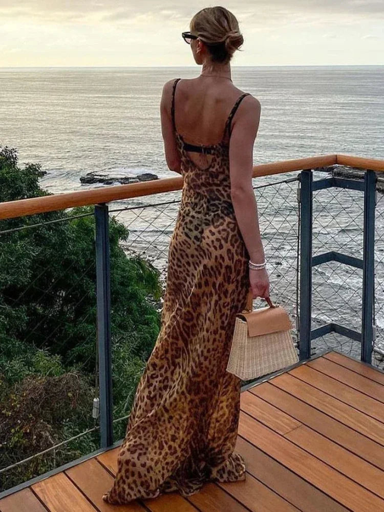 Savara Leopard Print Cowl Neck Maxi Dress – Backless Spaghetti Strap Bodycon Gown
