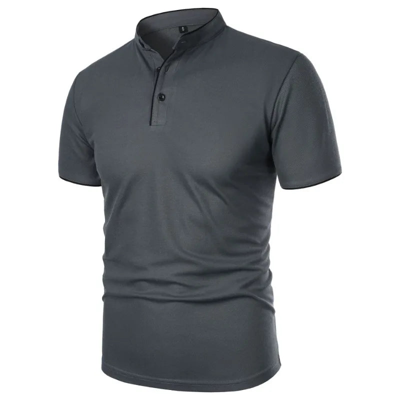 Men’s Mandarin Collar Polo Shirt – Short Sleeve Casual Buttoned Tee in 9 Colours for Everyday Comfort
