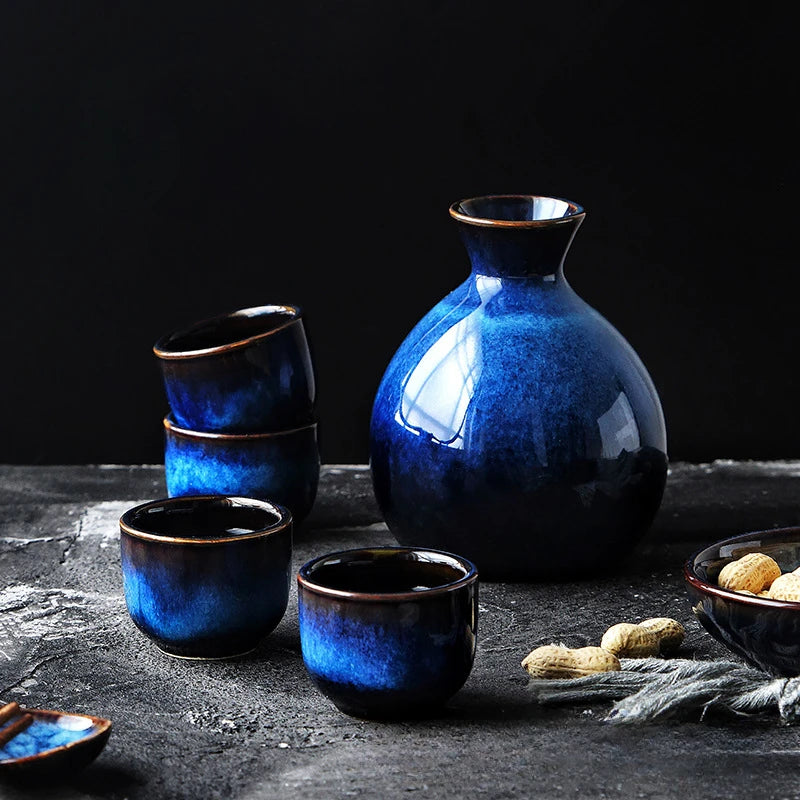 Midnight Azure Sake Set – 5-Piece Japanese Ceramic Carafe & Cup Set for Home Bar & Gift