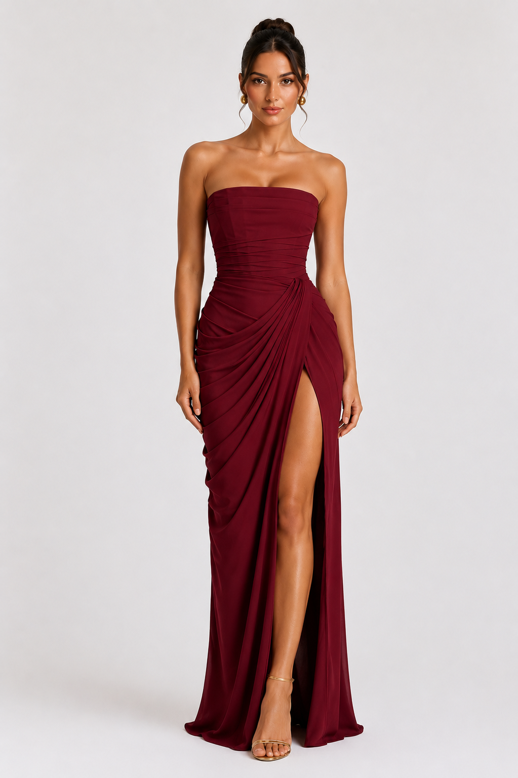 Solenne Strapless Yellow Maxi Dress – Ruched High Split Occasion Dress