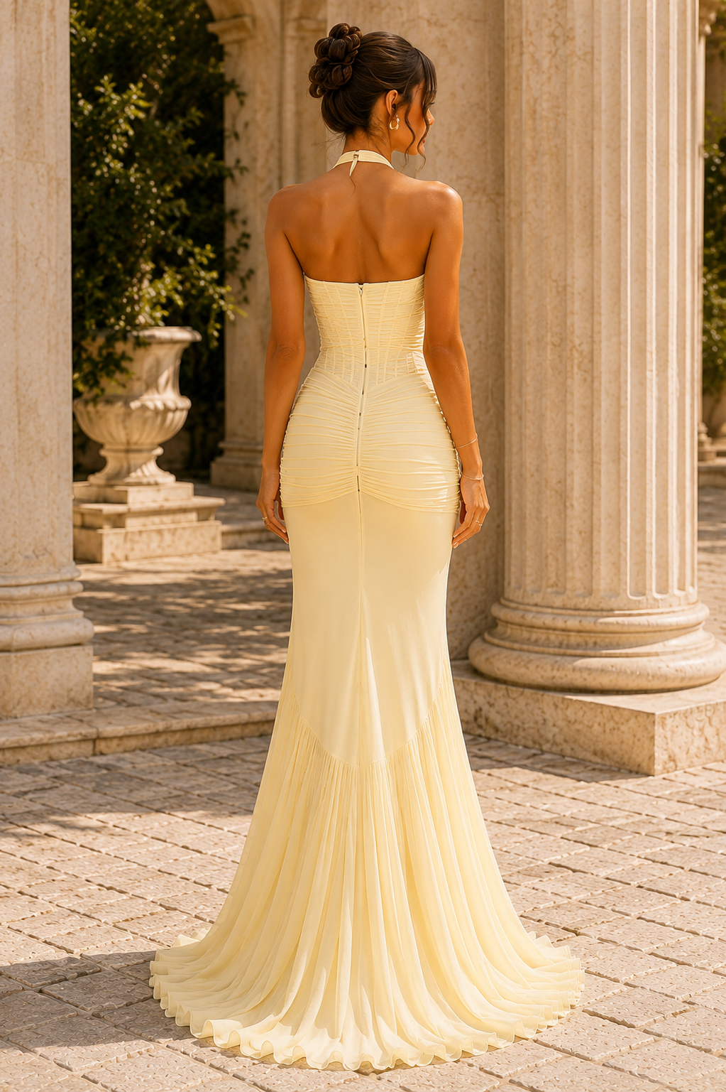 Soleya Halter Neck Ruched Maxi Dress – Yellow Wedding Guest Dress