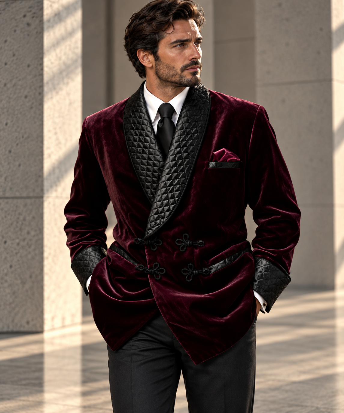 Ashcombe Velvet Smoking Jacket – Men’s Burgundy Quilted Shawl Blazer for Black Tie & Formal Evenings