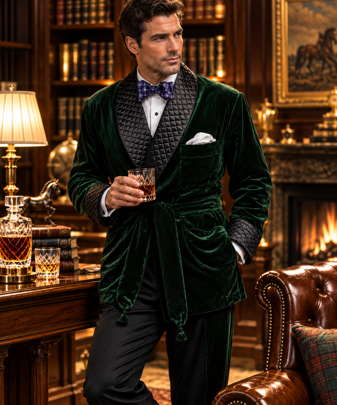 Kingswell Velvet Smoking Jacket – Men’s Quilted Lapel Evening Dinner Jacket with Waist Tie and Chest Pocket Square