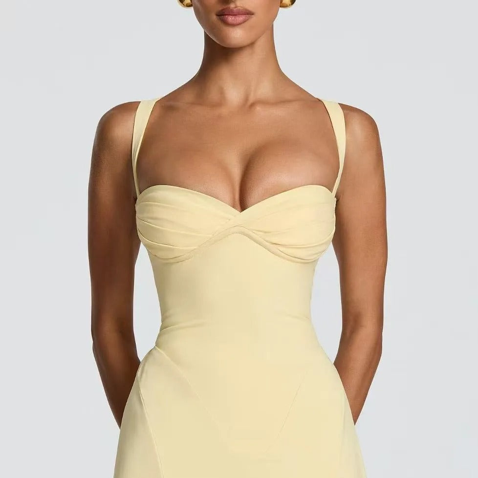 Zavelle Strappy Maxi Dress – Sweetheart Neckline Backless Yellow Occasion Dress