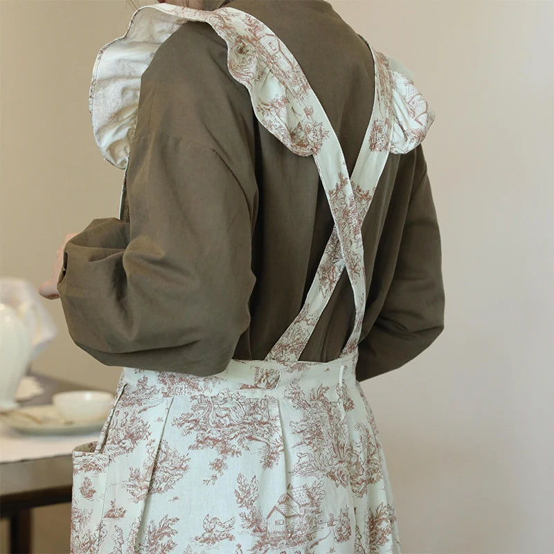 Water-Repellent Floral Ruffle Apron Dress – Vintage Full-Length Apron with Shoulder Frills and Tie Waist for Kitchen & Home