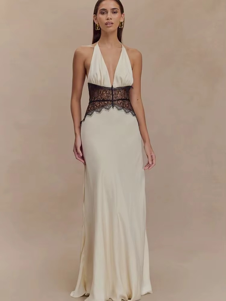 Alvara Halterneck Lace Panel Maxi Dress – Backless Sleeveless Occasion Gown