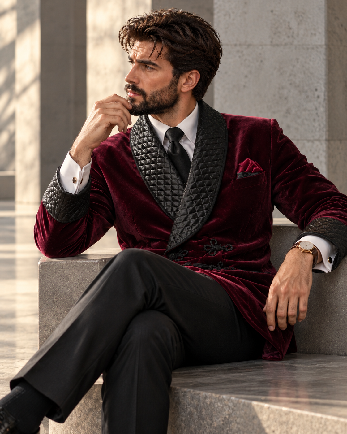 Ashcombe Velvet Smoking Jacket – Men’s Burgundy Quilted Shawl Blazer for Black Tie & Formal Evenings