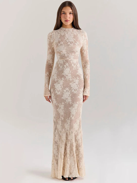 Aurelia Lace Mesh Long-Sleeve Maxi Dress – Sophisticated Evening & Occasionwear Dress