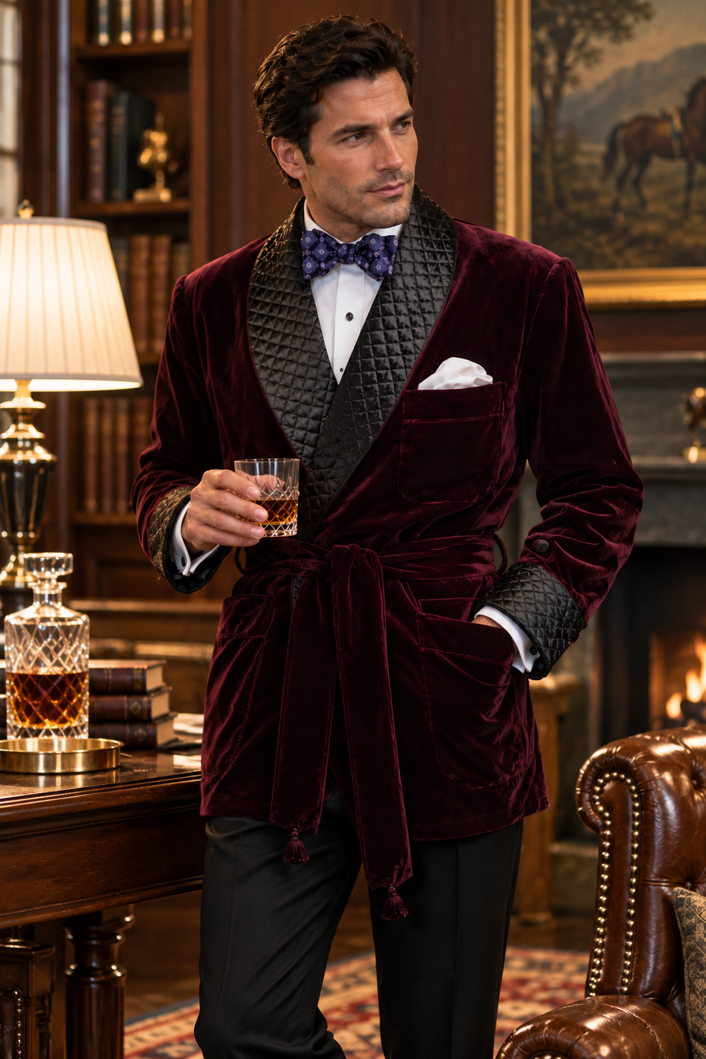 Kingswell Velvet Smoking Jacket – Men’s Quilted Lapel Evening Dinner Jacket with Waist Tie and Chest Pocket Square