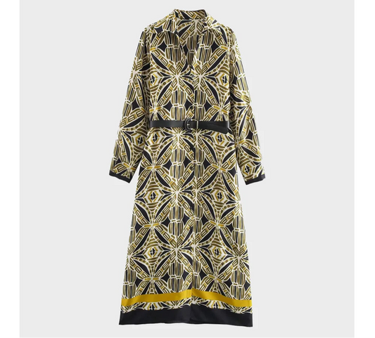 Dahlia Geometric Print Belted Midi Shirt Dress - Long Sleeve Maxi Shirt Dress