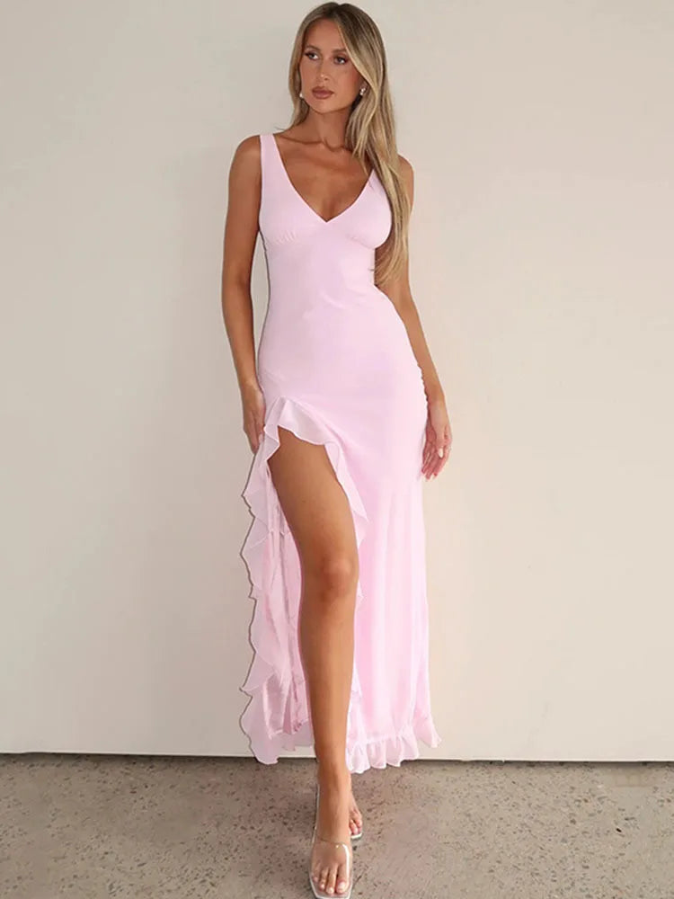 Elara Ruffle Hem Asymmetric-Maxi Dress