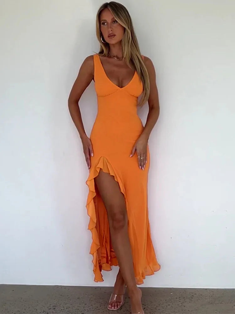 Elara Ruffle Hem Asymmetric-Maxi Dress