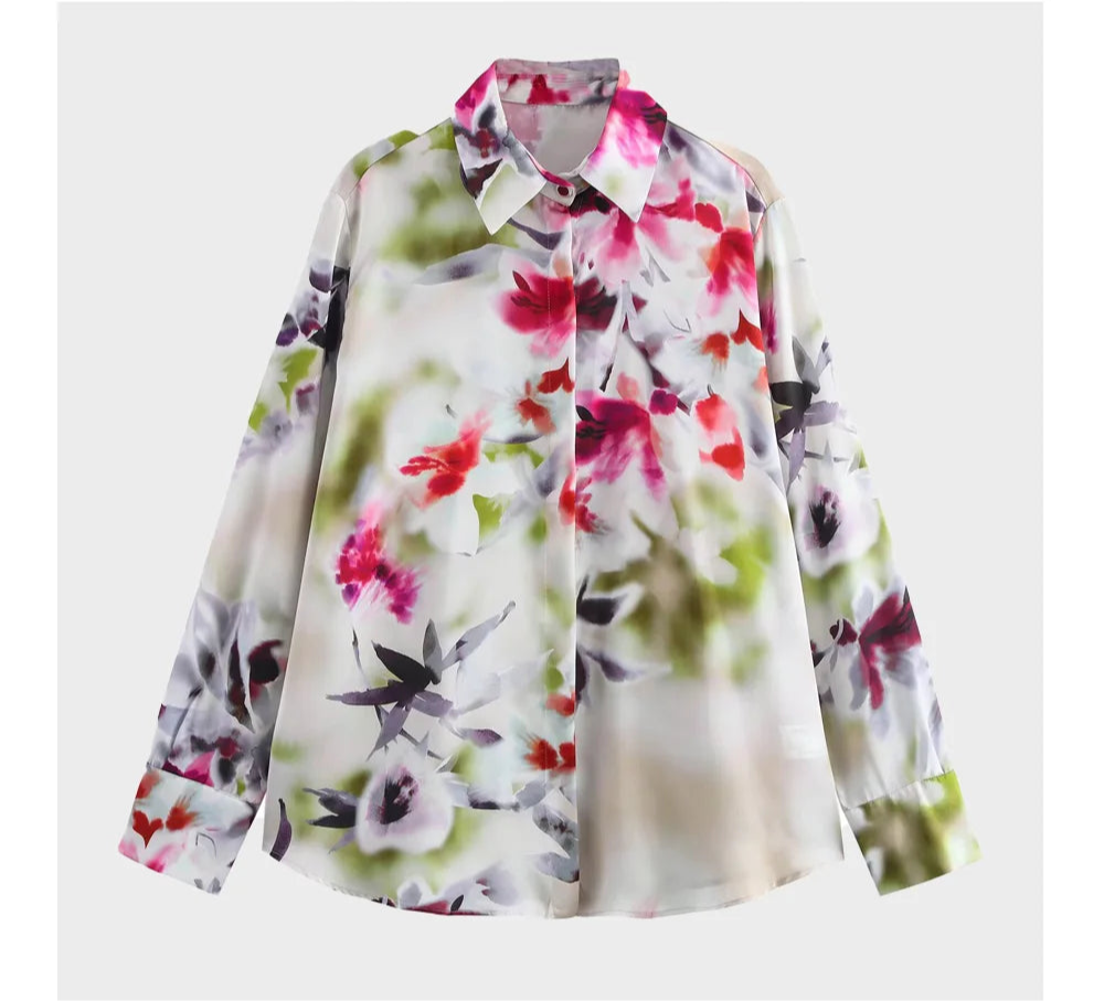 Fiorella Elegant Floral Satin Blouse – Timeless Button-Up Long-Sleeve Blouse