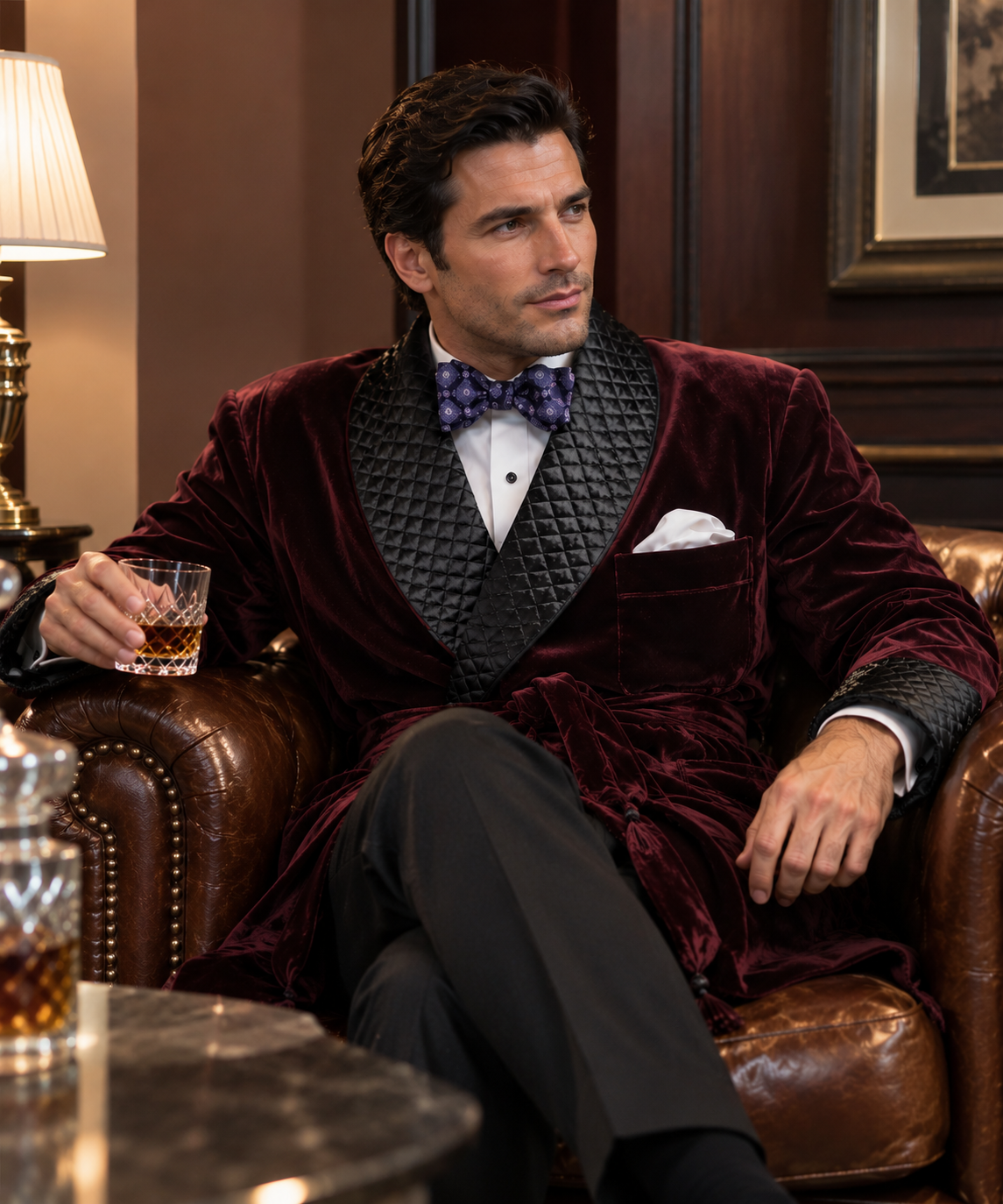 Kingswell Velvet Smoking Jacket – Men’s Quilted Lapel Evening Dinner Jacket with Waist Tie and Chest Pocket Square