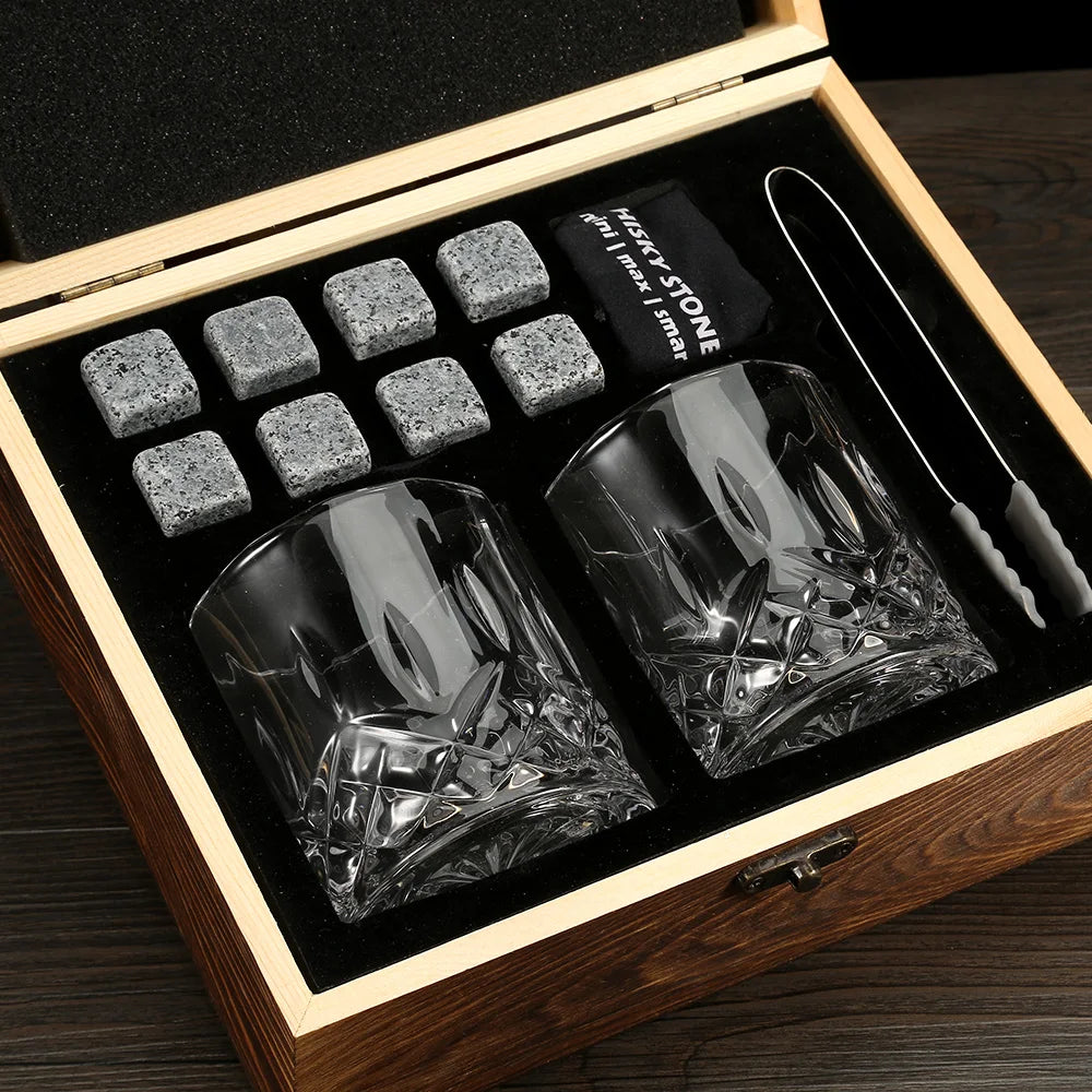 Signature Whisky Stones & Crystal Glass Gift Set in Wooden Box – Chilling Stones, Tongs & Premium Whisky Tumblers