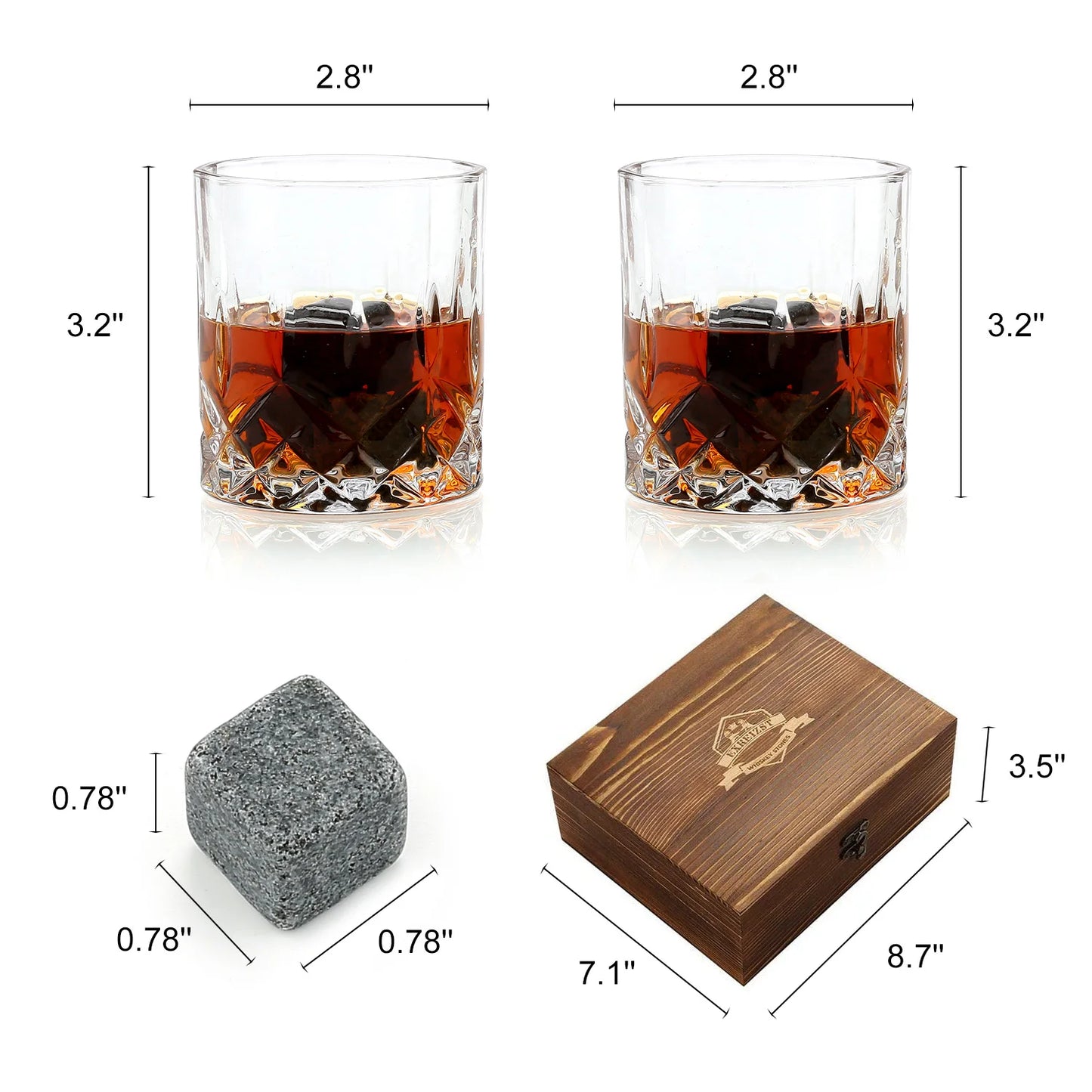 Signature Whisky Stones & Crystal Glass Gift Set in Wooden Box – Chilling Stones, Tongs & Premium Whisky Tumblers