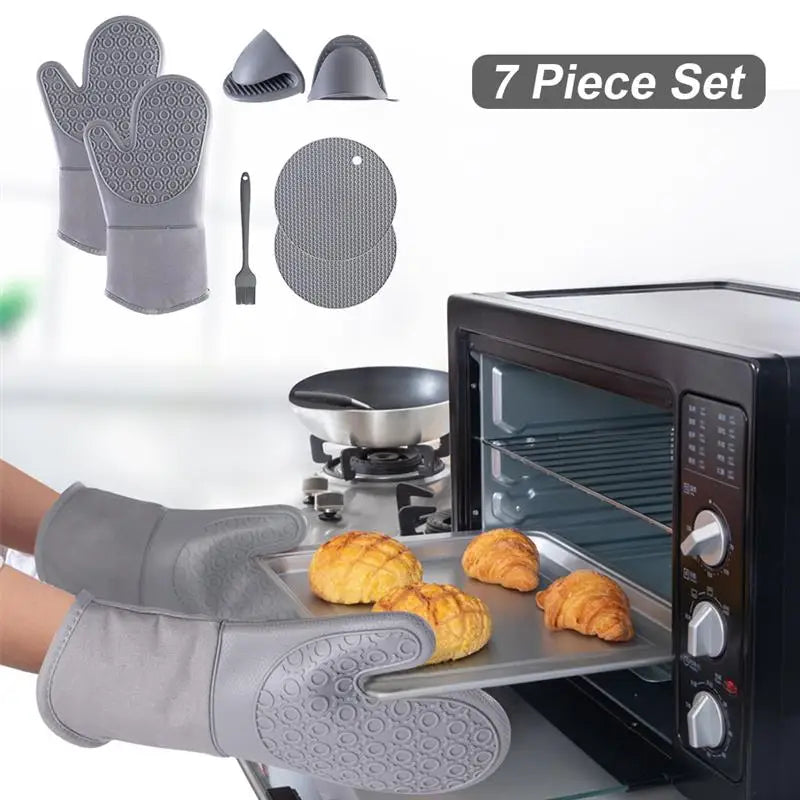 7 Piece - Silicone Kitchen Set – Heat Resistant Cooking Gloves, Mats, Brush & Clips