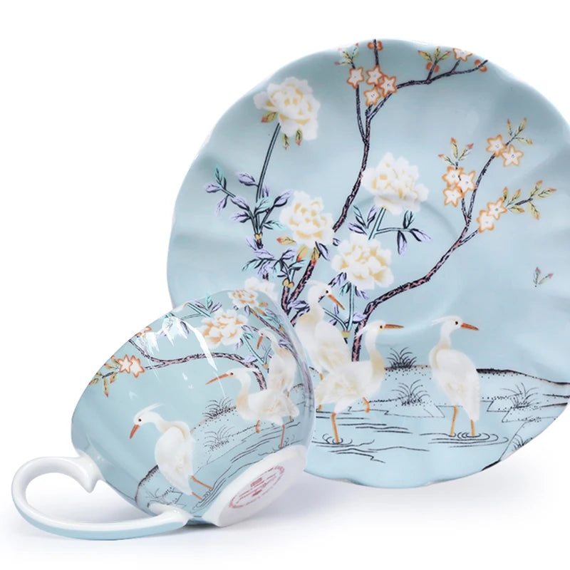 Blossom Crane Cup and Saucer Set – Ceramic Tea Set