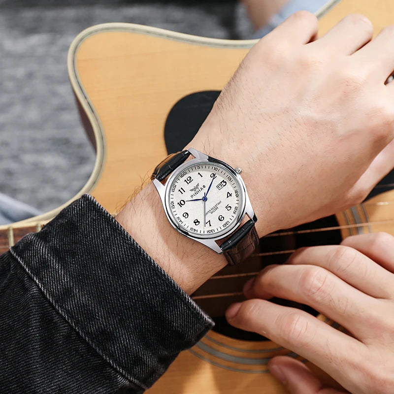 Men's Classic Leather Strap Watch, Elegant Black Dial with Date Display