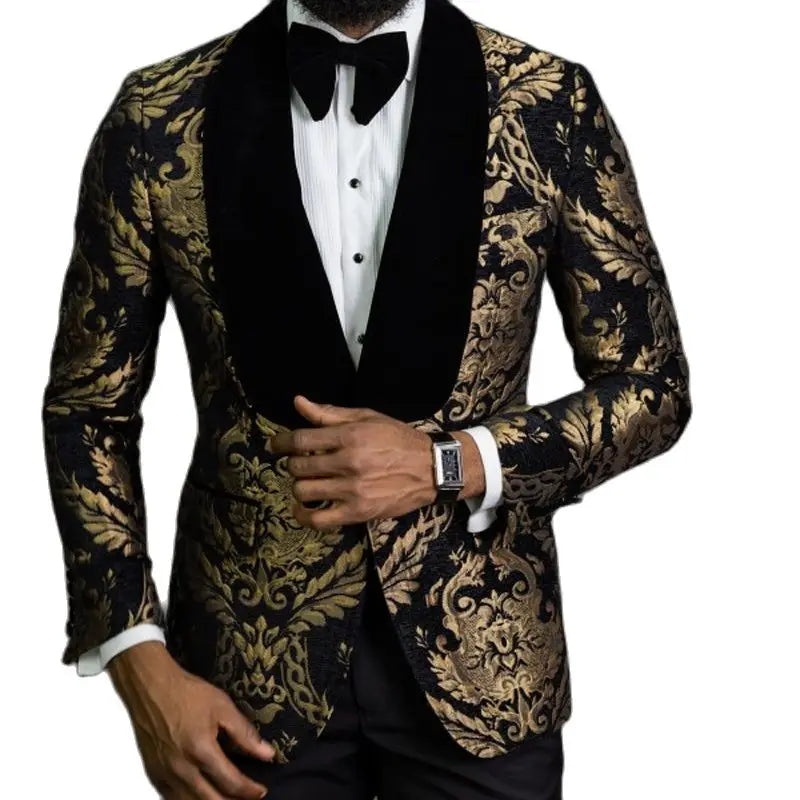 Regency Black and Gold Jacquard Slim Fit Tuxedo Jacket – Men’s Velvet Lapel Blazer for Weddings, Formal Events & Black-Tie Evenings