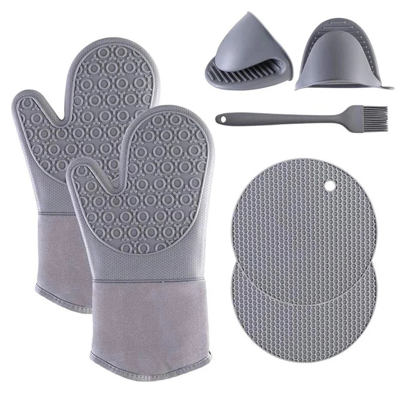 7 Piece - Silicone Kitchen Set – Heat Resistant Cooking Gloves, Mats, Brush & Clips