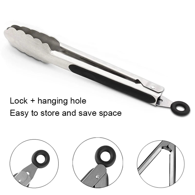 Stainless Steel Kitchen Tongs With Black Silicone Grip – 1 Piece Heat Resistant Serving & Cooking Tongs 9, 12, 16 Inch Options