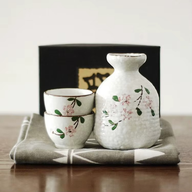 Sakura Bloom Japanese Sake Set – Hand-Painted Ceramic Sake Bottle & Cup Gift Set with Cherry Blossom Design