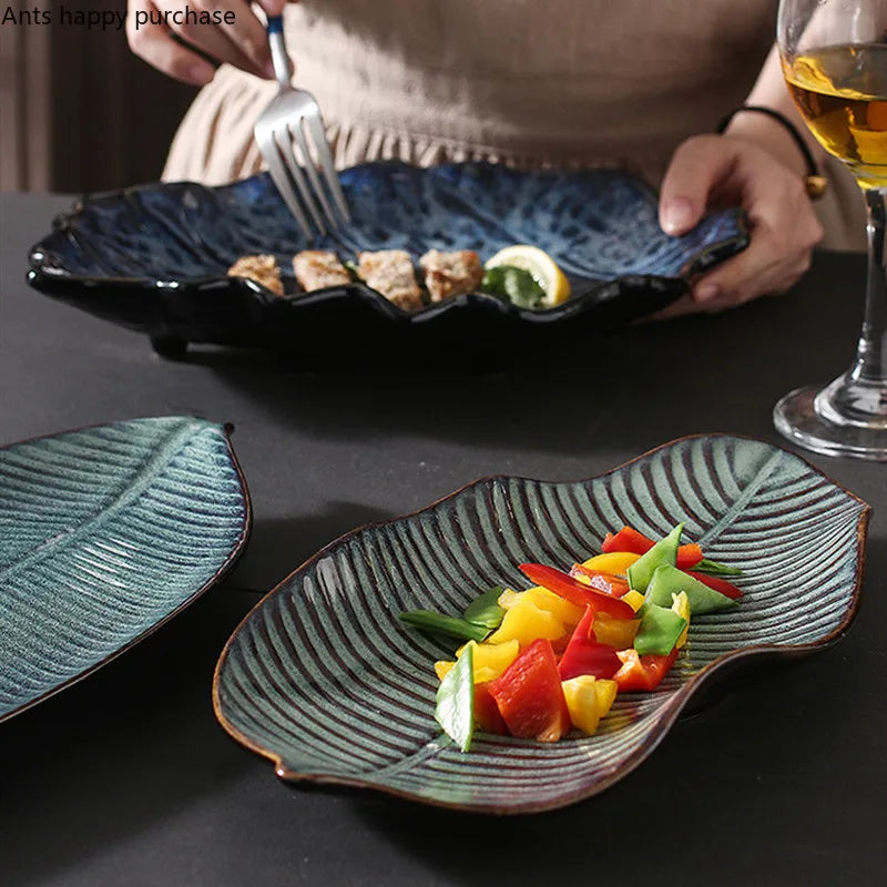 Kurohana Textured Leaf Ceramic Serving Plates – Sushi Plates, Dinnerware, Large Serving Platters