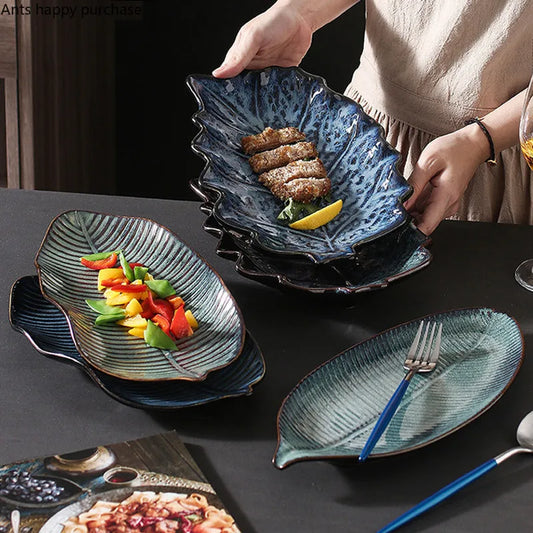 Kurohana Textured Leaf Ceramic Serving Plates – Sushi Plates, Dinnerware, Large Serving Platters