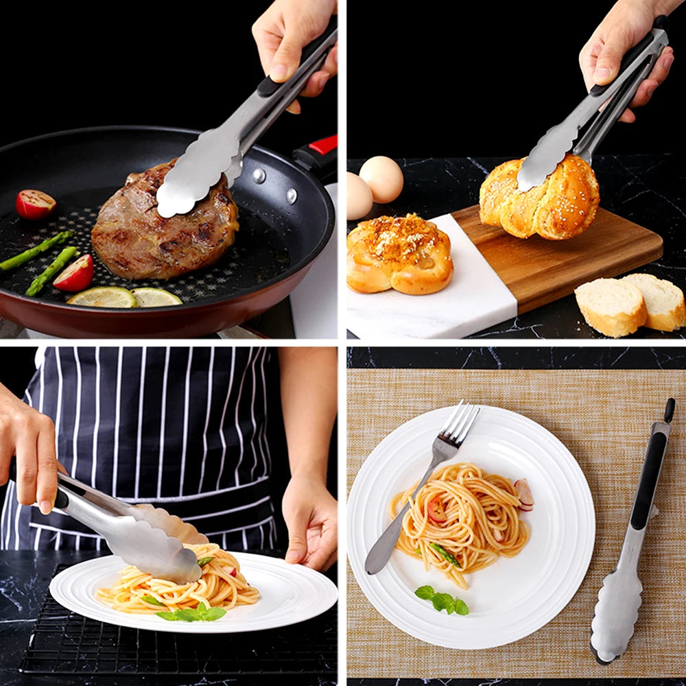 Stainless Steel Kitchen Tongs With Black Silicone Grip – 1 Piece Heat Resistant Serving & Cooking Tongs 9, 12, 16 Inch Options