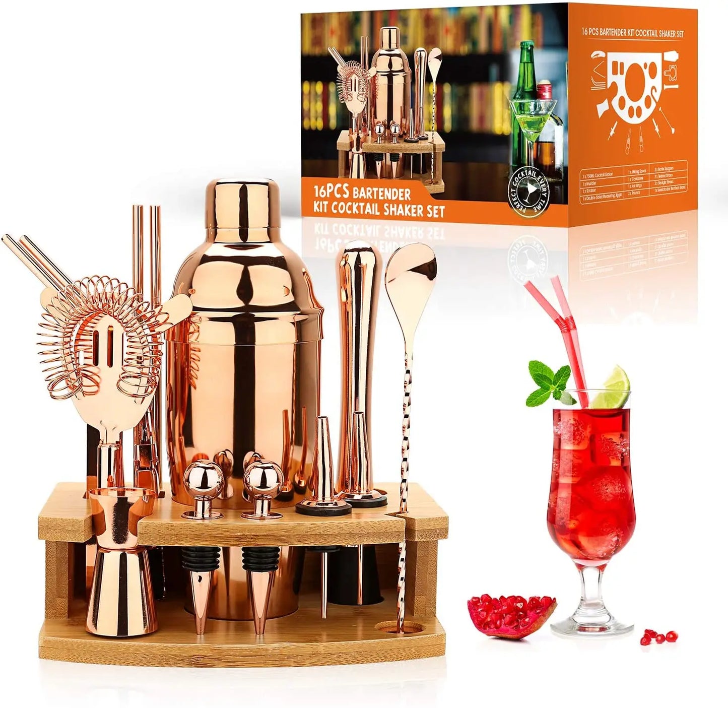 Cocktail Bar Set Mixology Bartender Kit – 16-Piece Cocktail Shaker Set with Bamboo Stand, Stainless Steel Bar Tools for Home Bar