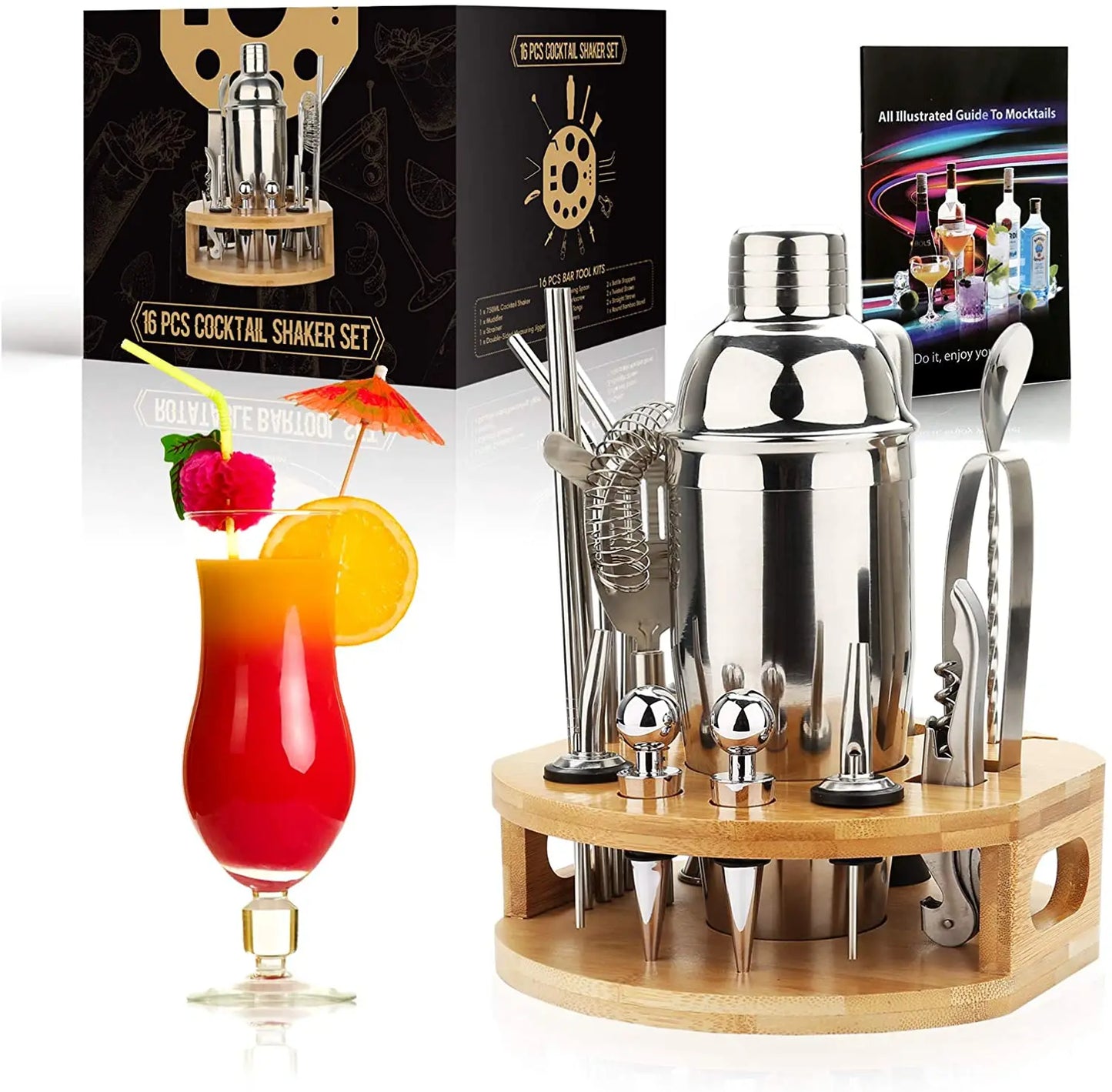Cocktail Bar Set Mixology Bartender Kit – 16-Piece Cocktail Shaker Set with Bamboo Stand, Stainless Steel Bar Tools for Home Bar