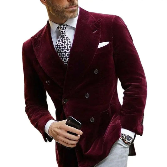 Men’s Burgundy Velvet Blazer – Double-Breasted Tailored Suit Jacket