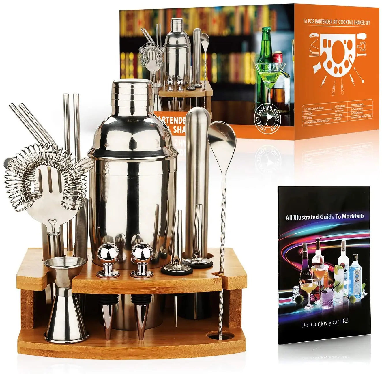 Cocktail Bar Set Mixology Bartender Kit – 16-Piece Cocktail Shaker Set with Bamboo Stand, Stainless Steel Bar Tools for Home Bar