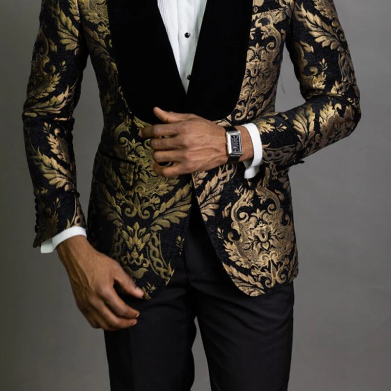 Regency Black and Gold Jacquard Slim Fit Tuxedo Jacket – Men’s Velvet Lapel Blazer for Weddings, Formal Events & Black-Tie Evenings