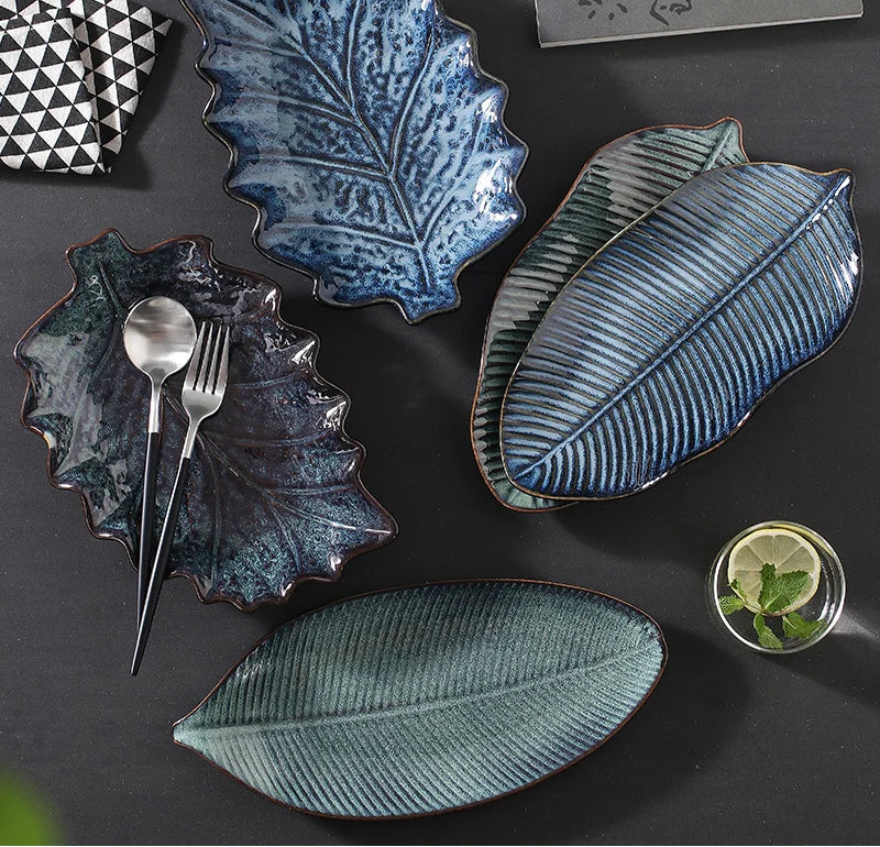 Kurohana Textured Leaf Ceramic Serving Plates – Sushi Plates, Dinnerware, Large Serving Platters