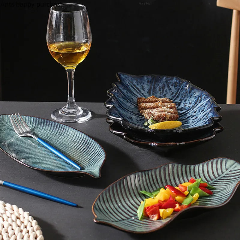 Kurohana Textured Leaf Ceramic Serving Plates – Sushi Plates, Dinnerware, Large Serving Platters