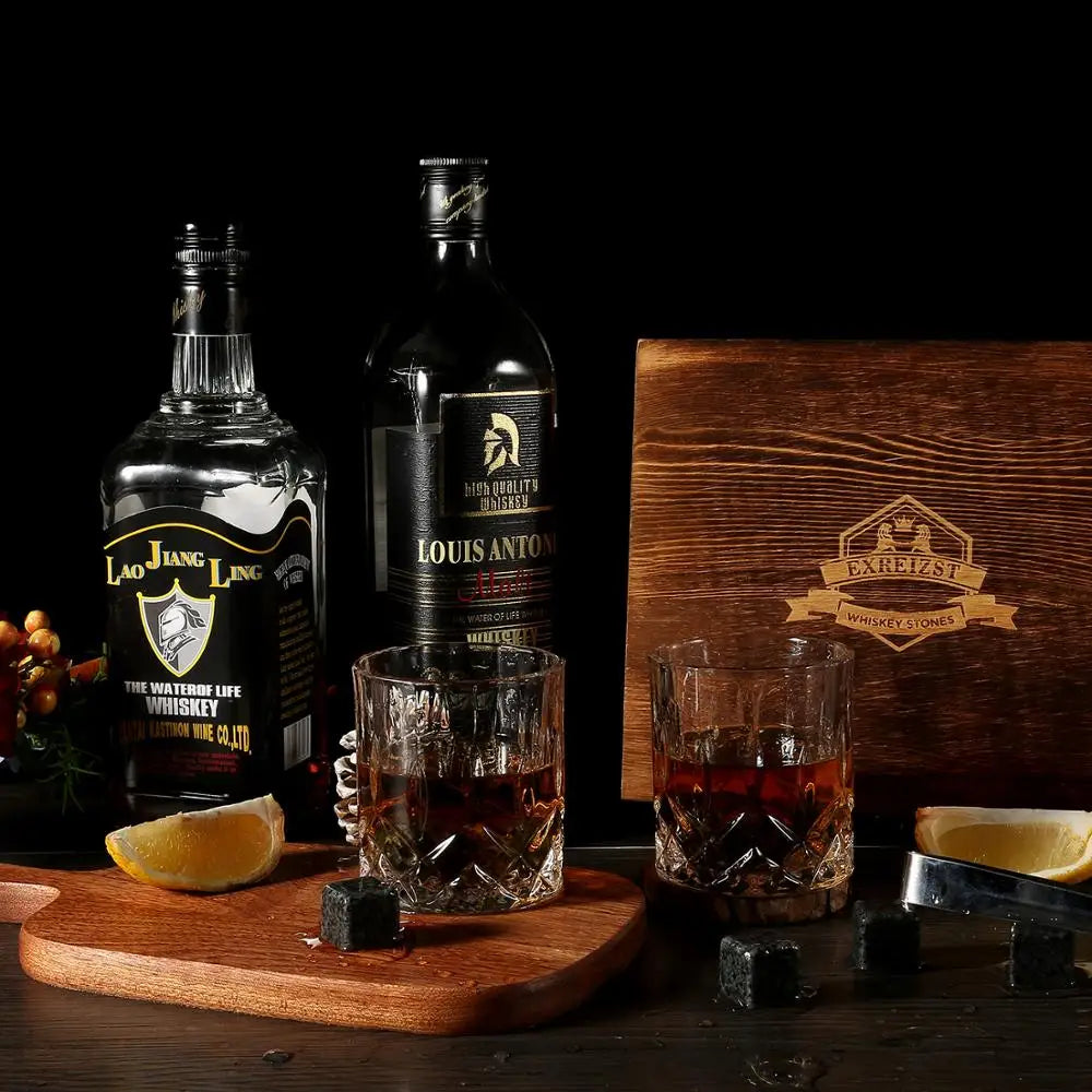 Signature Whisky Stones & Crystal Glass Gift Set in Wooden Box – Chilling Stones, Tongs & Premium Whisky Tumblers