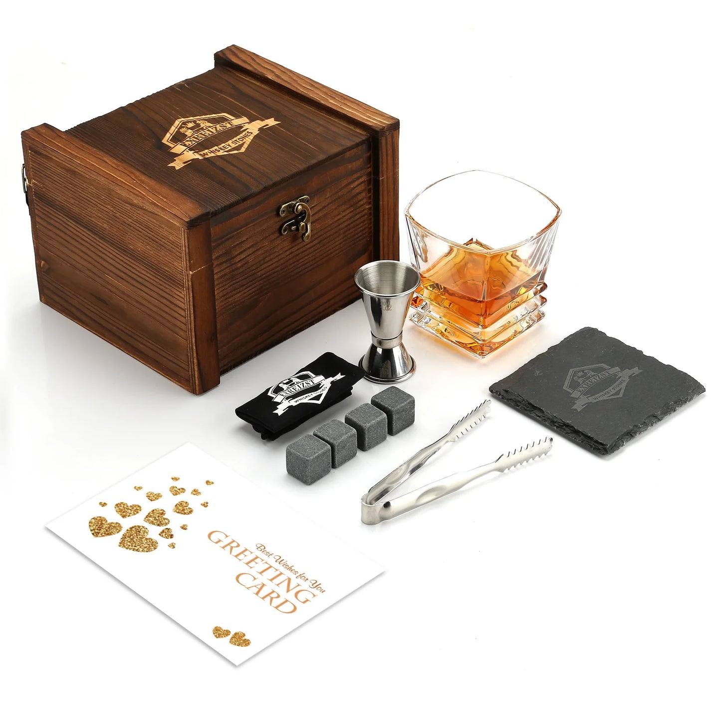 Signature Whisky Stones & Crystal Glass Gift Set in Wooden Box – Chilling Stones, Tongs & Premium Whisky Tumblers