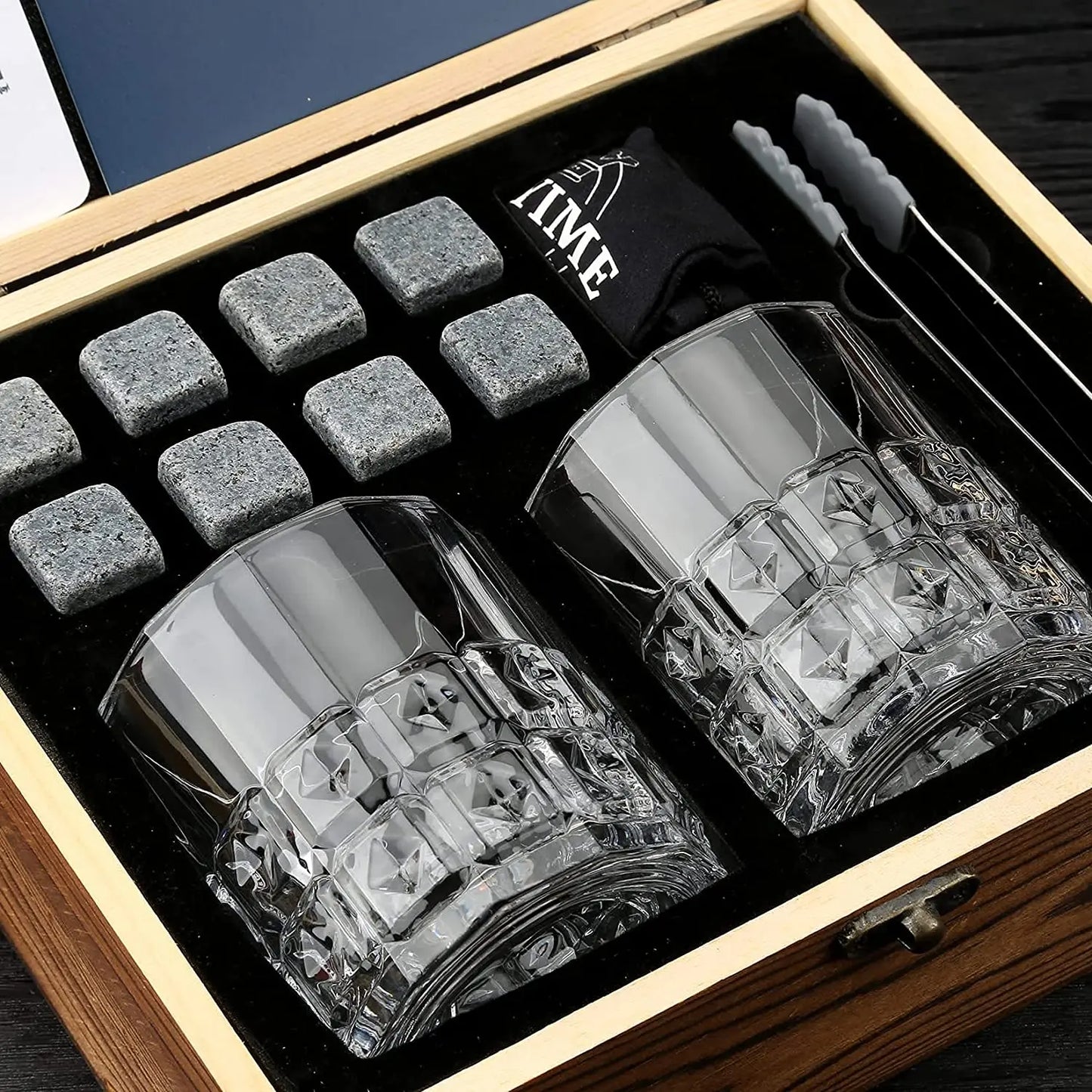 Signature Whisky Stones & Crystal Glass Gift Set in Wooden Box – Chilling Stones, Tongs & Premium Whisky Tumblers