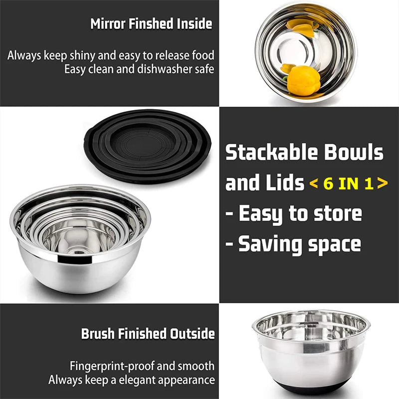 Stainless Steel Mixing Bowls with Airtight Lids – 6-Piece Nesting Bowl Set for Baking, Cooking & Food Storage